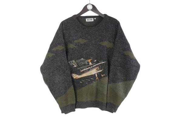 Vintage Wings Sweater Large gray big embroidery logo human fly jumper 90s retro pullover