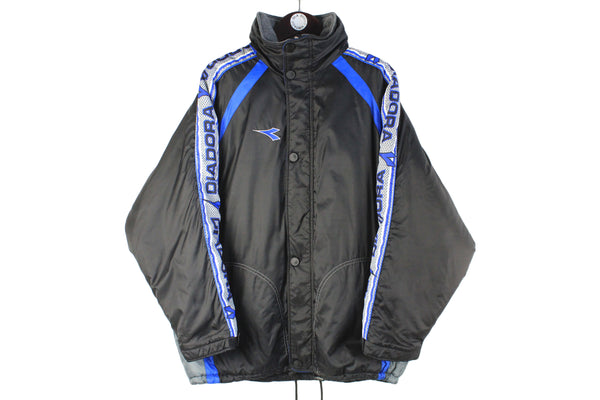 Vintage Diadora Jacket Small / Medium black blue big logo 90s retro winter puffer sport style