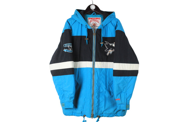 Vintage San Jose Sharks Jacket Large size men's blue full zip coat nutmeg USA style ice hockey team California hooded windbreaker big logo authentic athletic wear