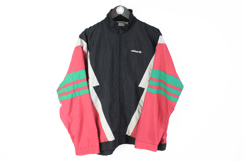 Vintage Adidas Track Jacket Large black pink multicolor 90s sport style windbreaker full zip