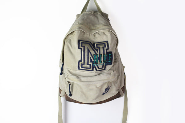 Vintage Nike Backpack gray big logo leather bottom 90s sport school bag Oregon Beaverton