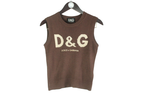 Vintage Dolce & Gabbana Vest Women’s Small big logo brown 90s sleeveless pullover retro jumper  D&G