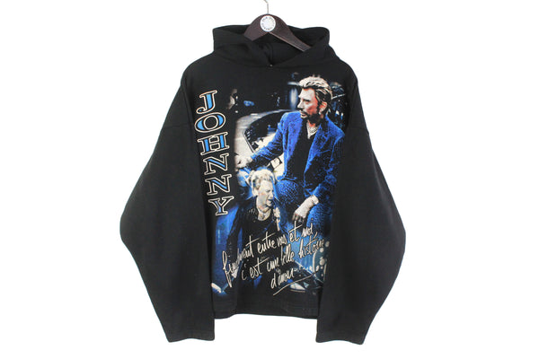 Vintage Johnny Hallyday Hoodie Large black big logo 90s retro music merch officially hooded sweatshirt