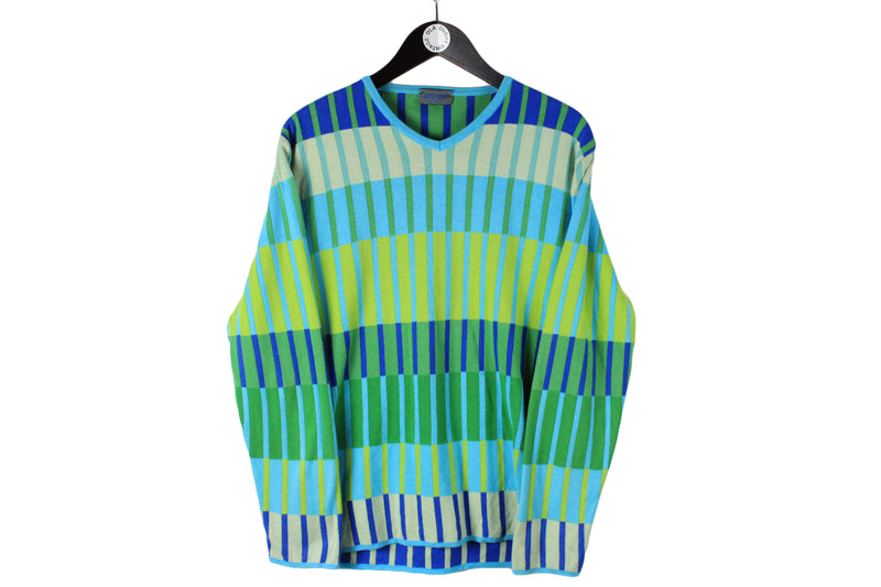 Vintage Kenzo Sweater Medium size men's knitwear bright green blue crewneck knitted jumper casual basic long sleeve rare retro classic outfit 90's 80's clothing