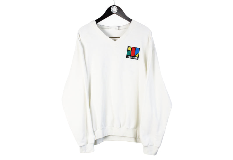 made in Murska Sobota, Yugoslavia Slovenia white Mura Adidas Sweatshirt v-neck authentic retro style 70's 80's jumper cotton multicolor big logo 