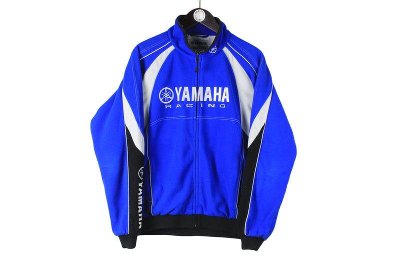 Vintage Yamaha Racing Fleece Medium size men's bright blue full zip sweatshirt basic sport wear authentic athletic clothing winter warm long sleeve 90's 80's style outdoor extreme ski race cat motorsport