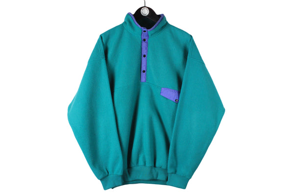 Vintage Fleece Large size men's green mint sweatshirt snap buttons basic sport wear authentic athletic clothing winter warm long sleeve 90's 80's style outdoor extreme ski