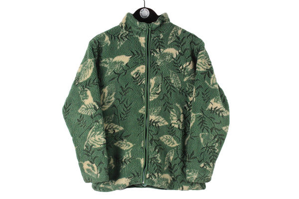 Vintage Fleece Women's Medium size full zip green leaf nature pattern sweatshirt basic sport wear authentic athletic clothing winter warm long sleeve 90's 80's style outdoor extreme ski