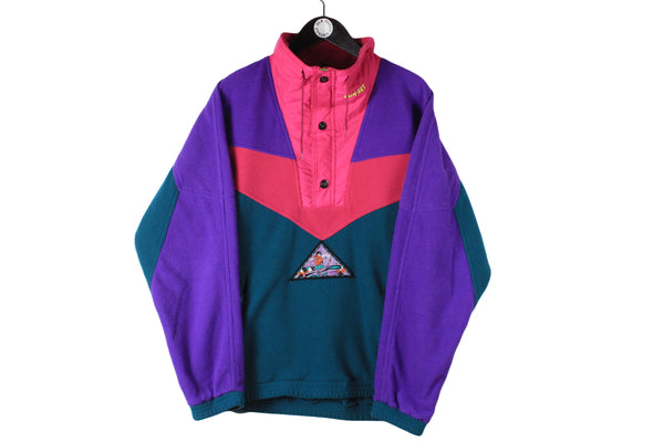 Vintage Fleece Large size men's multicolor bright sweatshirt snap buttons basic sport wear authentic athletic clothing winter warm long sleeve 90's 80's style outdoor extreme ski