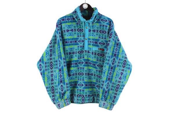 Vintage Fleece Large size men's multicolor green sweatshirt half zip snap button abstract pattern basic sport wear authentic athletic clothing winter warm long sleeve 90's 80's style outdoor extreme ski