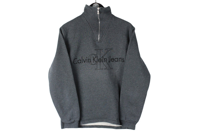 Vintage Calvin Klein Sweatshirt 1/4 Zip Women's Large big logo Jeans collection gray 90s retro jumper