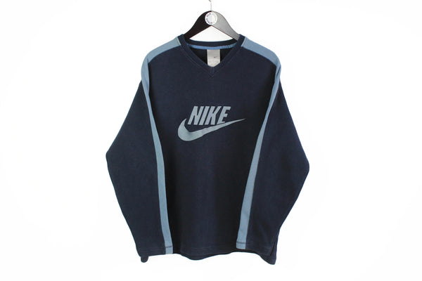 Vintage Nike Sweatshirt Medium blue big logo 90s sport style swoosh navy v-neck
