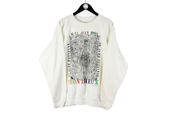 Vintage Jazz Festival Montreux 1990 Sweatshirt XLarge size men's pullover sweat white beige big logo basic sport wear authentic athletic clothing long sleeve 90's 80's street style cotton