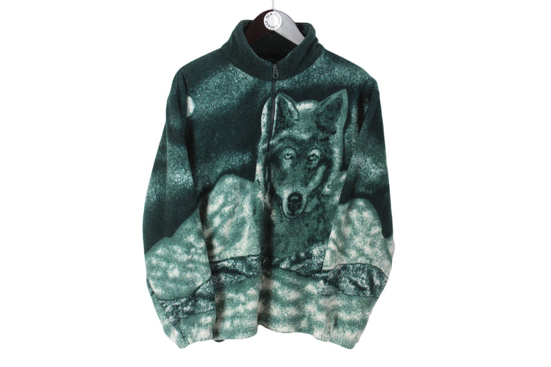 Vintage Wolf Fleece Full Zip Women's Medium / Large green wolf pattern animal print 90s 00s winter cozy sweater