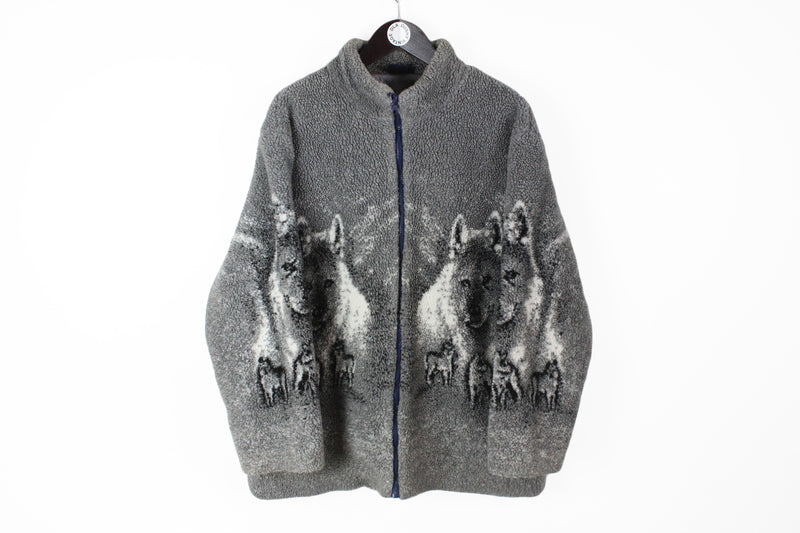 Vintage Wolf Fleece Full Zip Women's Large gray animal forest wild pattern 90's retro style sweater winter ski cozy jumper