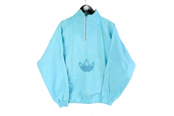Vintage Adidas Anorak Jacket Large blue big logo 1/4 zip retro style 90s light wear windbreaker sky color