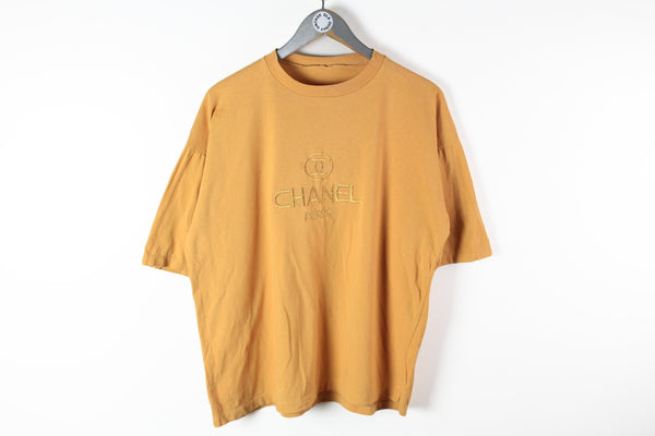 Vintage Chanel Embroidery Logo Bootleg T-Shirt Medium orange rare color 80s sport cotton tee