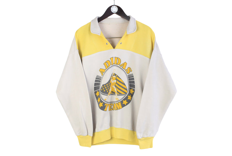 Vintage Adidas Sweatshirt Large gray yellow big logo baseball team sport jumper collared retro 80s pullover