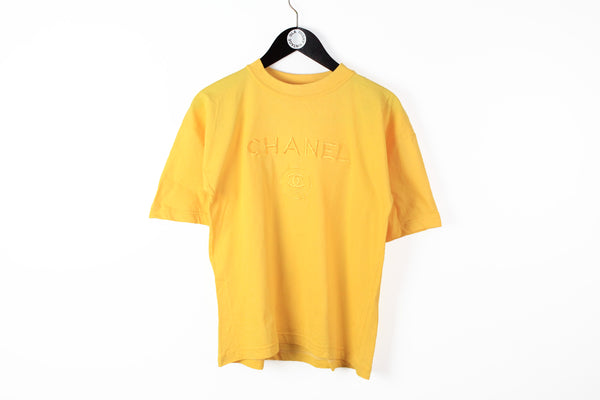 Vintage Chanel Bootleg Big Embroidery Logo T-Shirt Small yellow big logo 90s retro style cotton tee