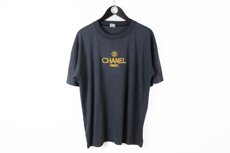 Vintage Chanel Bootleg Big Embroidery Logo T-Shirt Medium / Large black gold big logo 90s 