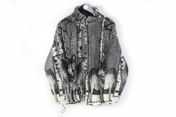 Vintage Wolf Fleece Full Zip Medium gray white animal print 90s cozy sweater crazy pattern