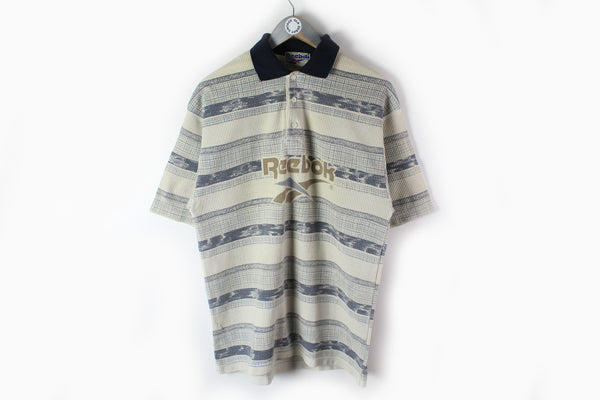 Vintage Reebok Polo T-Shirt XLarge abstract pattern gray beige big logo sport tee