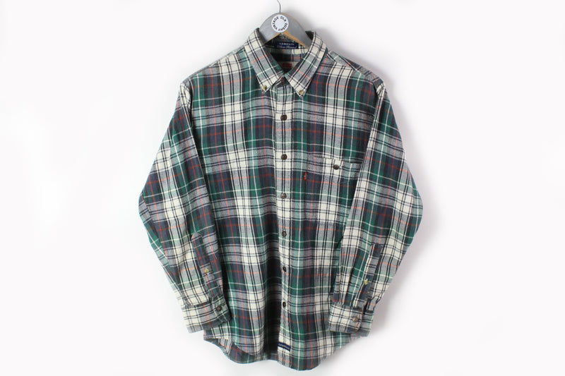 Vintage Levis Flannel Shirt Small / Medium plaid green gray 90s forest work shirt