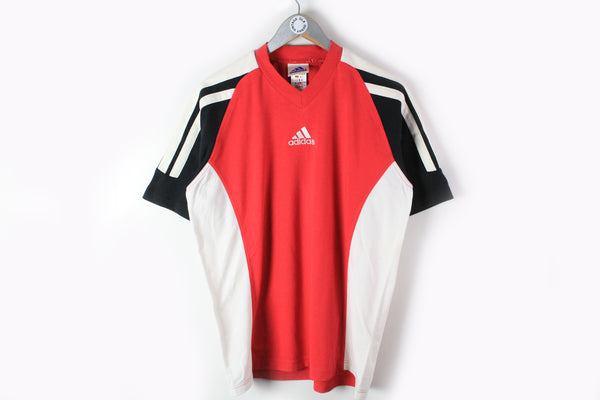 Vintage Adidas T-Shirt Large red sport polyester front center logo 90s tee