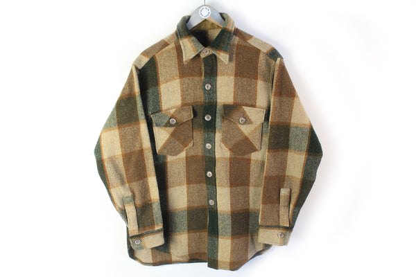 Vintage Large plaid wool heavy green brown winter shirt