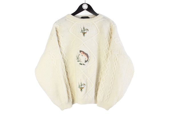 Vintage Sweater Women’s XLarge fish embroidery logo lake pattern 90s retro pullover