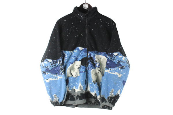 Vintage Bear Fleece Medium blue black 90s retro full zip sport sweater heavy winter ski jumper arctic animal pattern