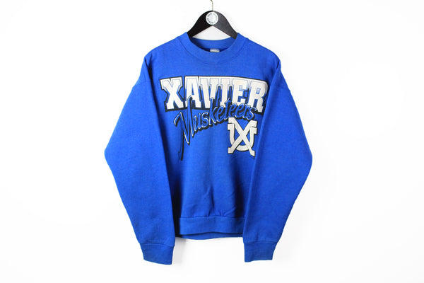 Vintage Xavier Musketeers University Sweatshirt Medium / Large blue 90s big logo retro style athletic jumper