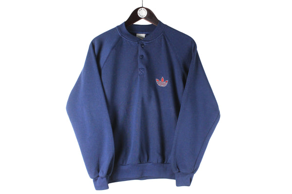 Vintage Adidas Sweatshirt Small navy blue small logo henley collar retro 80s 90s made in Korea jumper