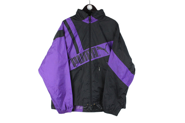 Vintage Puma Jacket XLarge black purple 90's big logo retro classic windbreaker
