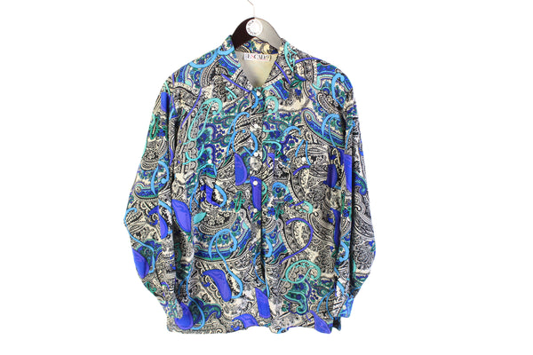vintage ESCADA by Margaretha Ley Blouse Shirt paisley pattern womens authentic 80s retro silk blue Size L rare made in West Germany 90s wear