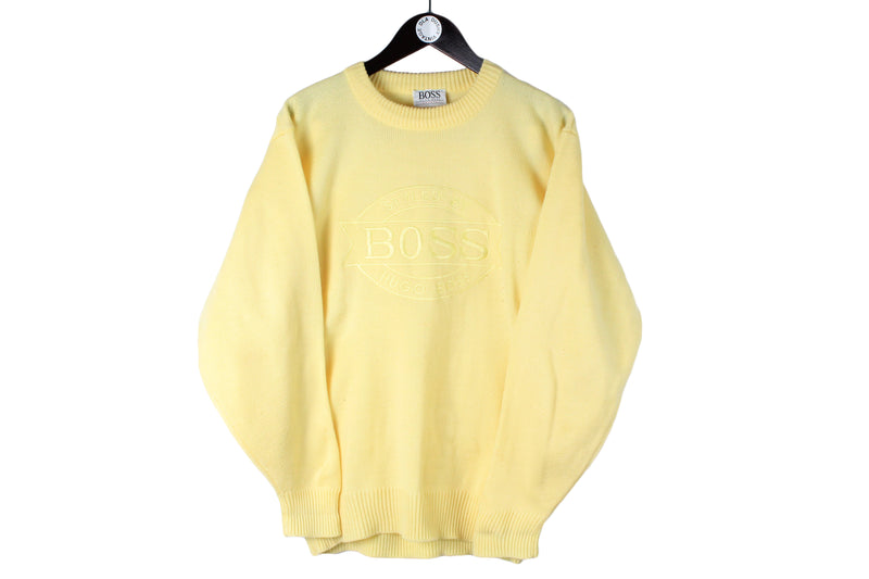 Vintage Boss Sweater Large size men's knitted jumper sweatshirt basic casual wear authentic clothing yellow big logo knitwear long sleeve 90's 80's street style