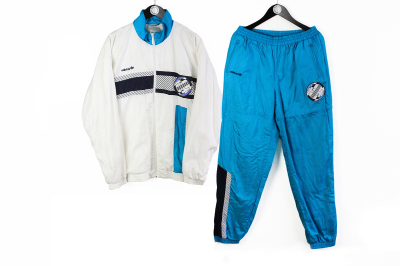 Vintage Adidas Tracksuit XLarge white blue big logo 90s sport style suit jacket and pants athletic wear