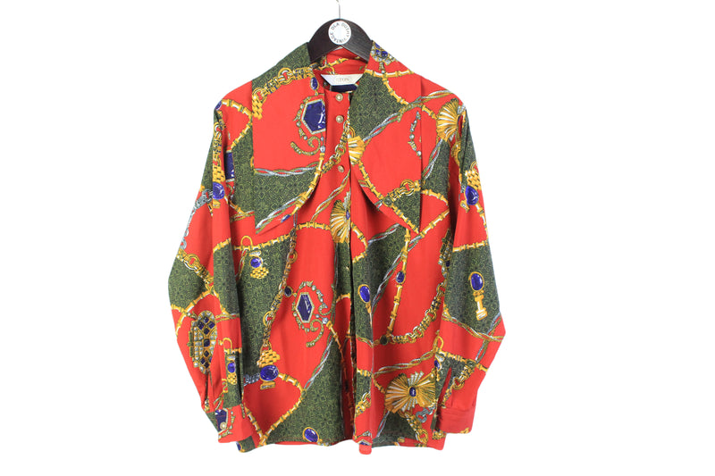 vintage ETON Blouse womens authentic 80s retro abstract pattern shirt Size XL polyester rare deadstock print red green gold chain 90s button