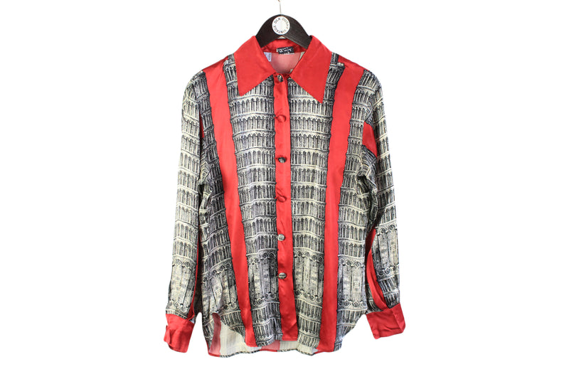 vintage MOSCHINO Cheap and Chic Pisa tower women's rayon blouse authentic 80s retro shirt pattern 100% silk style Size 38 M Paris print 90s
