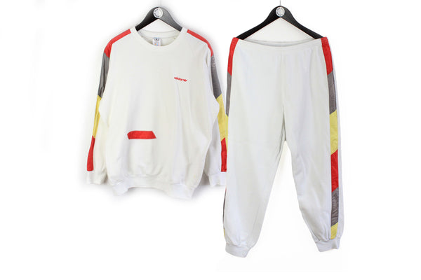 Vintage Adidas Tracksuit (Sweatshirt + Pants) Medium white 90s multicolor retro style crewneck and trousers