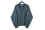 Vintage Adidas Sweater XLarge / XXLarge blue green deep V-neck 80's made in Austria retro style pullover