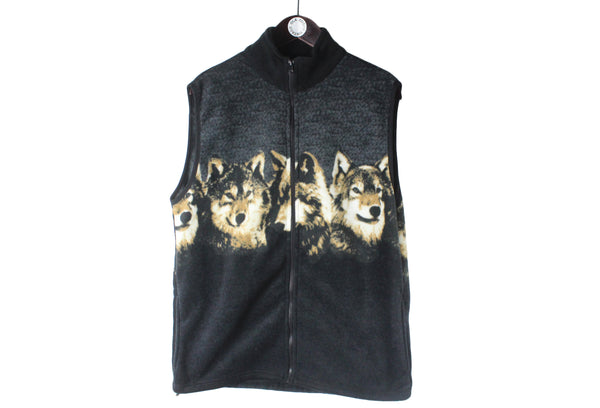 Vintage Wolf Fleece Vest Medium animal wild 90s retro sleeveless sweater pattern