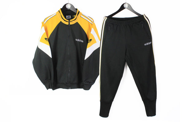 Vintage Adidas Tracksuit Medium black yellow big logo 90s streetwear jacket and pants 
