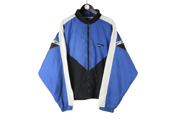 Vintage Reebok Track Jacket Large size men's full zip windbreaker multicolor blue basic sport wear authentic athletic clothing long sleeve 90's 80's street style running