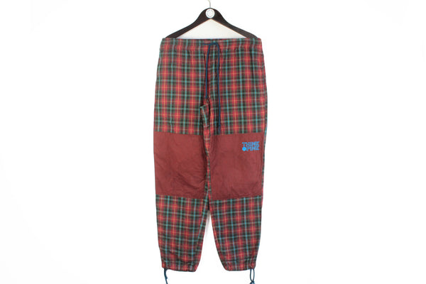 Vintage Think Pink Pants Medium / Large red green plaid pattern cotton light wear 90s retro trousers
