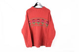 Vintage United Colors of Benetton Sweater Large red floral pattern 90s style winter pullover