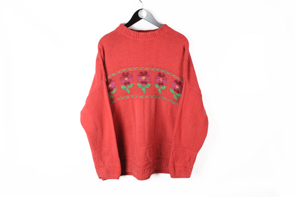 Vintage United Colors of Benetton Sweater Large red floral pattern 90s style winter pullover