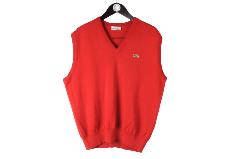 Vintage Lacoste Vest XLarge size men's oversize knitwear red bright sleeveless jumper knitted pullover tennis sport casual outfit rare retro 90's style wear basic