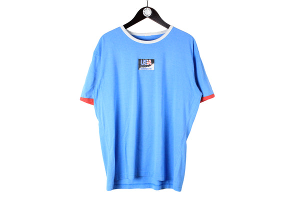 Vintage Adidas USA T-Shirt Large size men's summer tee short sleeve top front logo sport 90's blue light clothing streetwear outfit authentic athletic crew neck