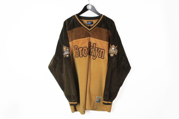Vintage Brooklyn Baseball Fleece Sweatshirt XXLarge brown yellow big logo 90s sport style USA v-neck jumper